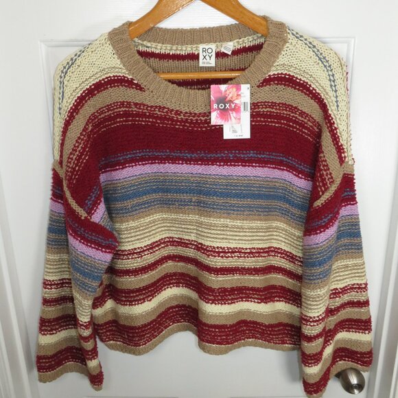 *NWT* Roxy "Bread And Jam" Cropped Striped Sweater Warm Taupe Size LG - Picture 1 of 4